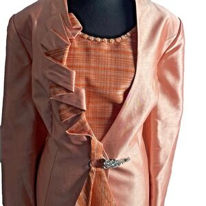 Elite Champagne 3-Piece Skirt Suit | Ruffle Jacket & Rhinestone Closure Formal